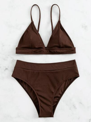Swim Basics مجموعة بيكيني للسباحة برقبة على شكل V وقاع السباحة عالي الخصر لصيف الشاطئ