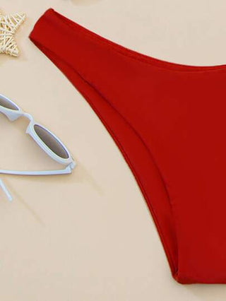 Swim موحدة اللون طقم بيكيني برسن متقاطع حلقة معدني لباس علوي & سروال بيكيني 2قطع بدلة سباحة