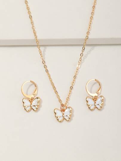 سلسال بقلادة فراشة وأقراط متدلية - زوج واحد بنات