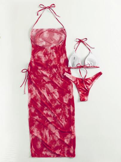 SHEIN Swim صبغ متعادل طقم بيكيني مثلث حمالة صدر & سروال داخلي ثونغ لباس قيعان وغطاء فستان 3قطعات بدلة سباحة