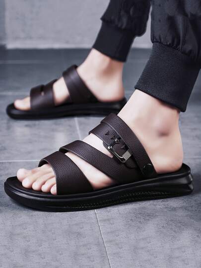 للرجال أسود بديكور مشبك حذاء سلايد , باصابع قدم مفتوح ارتداء بطريقتين حذاء سلايد
