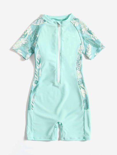 مايوه للفتيات المراهقات طبعة نباتية بسحاب قطعة واحدة