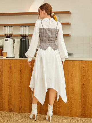 Mulvari فستان كاروهات 2 في 1 بحزام وأطراف غير متماثل وأكمام فانوس