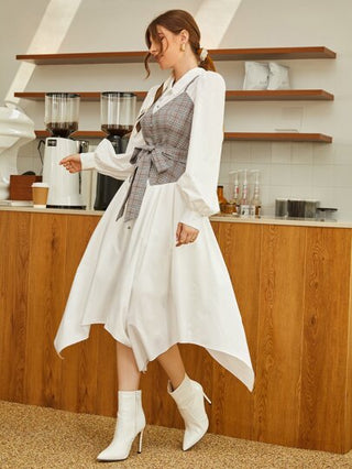 Mulvari فستان كاروهات 2 في 1 بحزام وأطراف غير متماثل وأكمام فانوس