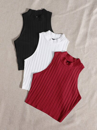 EZwear لباس علوي تانك محبوك مضلع بعنق دائري 3 قطع