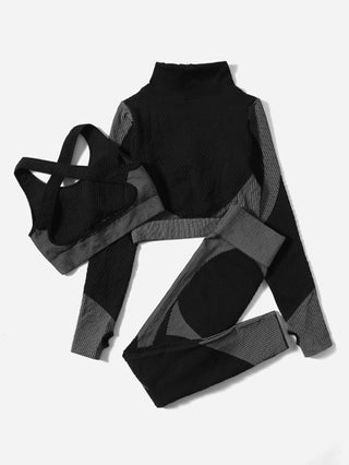 SHEIN Sport Studio 3 قطع مجموعة رياضية بخطوط الغزل المنسوجة، بى لا - مناطق مجعدة، معطف ذو فتحة لإبهام اليد، وبنطلون ضيق الخصر للنساء للتمرين