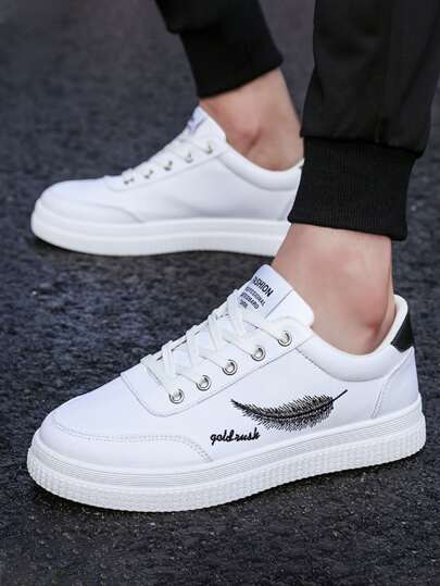 أحذية رياضية برسم الريش للرجال، أحذية رجالية رياضية بيضاء غير قابلة للانزلاق مسطحة للرجال