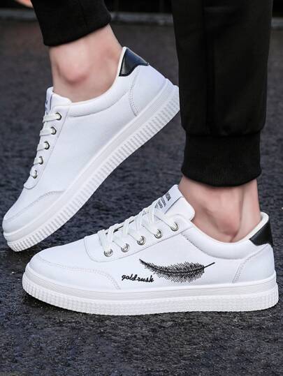 أحذية رياضية برسم الريش للرجال، أحذية رجالية رياضية بيضاء غير قابلة للانزلاق مسطحة للرجال