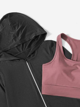 SHEIN Sport Gameset 3 قطع من طقم اللياقة البدنية مكون من فست رياضي متنفس وماص للعرق، وسراويل ضاغطة، وجاكيت بقلنسوة للنساء للتمارين والرياضة
