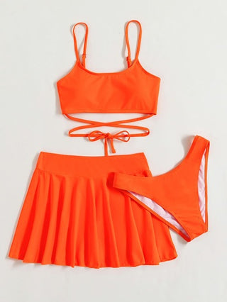 Swim Vcay بدلة السباحة للنساء في الصيف طقم 3 قطع بيكيني أحادي اللون مع رباط وتنورة كاورب للاستحمام