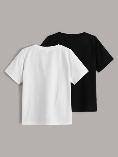 SHEIN قطعتان تي شيرت كاجوال بأكمام قصيرة وياقة طاقم مطبوع عليه أحرف ورسومات كرتونية للأولاد المراهقين، أزياء صيفية