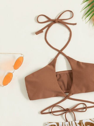 Swim طقم بيكيني بطباعة الرخام مكون من 3 قطع: حمالة صدر لا سلكية متقاطعة وسروال بيكيني وتنورة شاطئ مشدودة الحبل، بدلة الاستحمام الشاطئية الصيفية