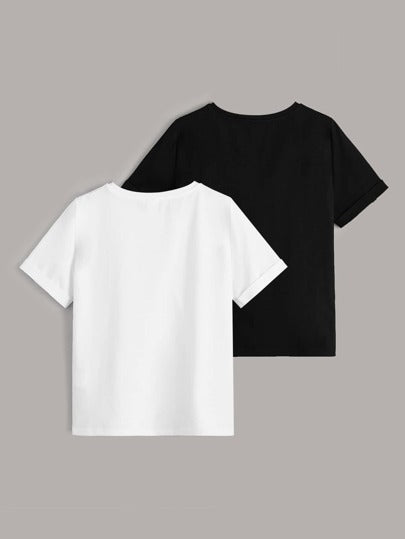 SHEIN تي شيرت مزين بتفاصيل شريط الرسالة ذو رسومات للفتيان المراهقين 2 قطعة