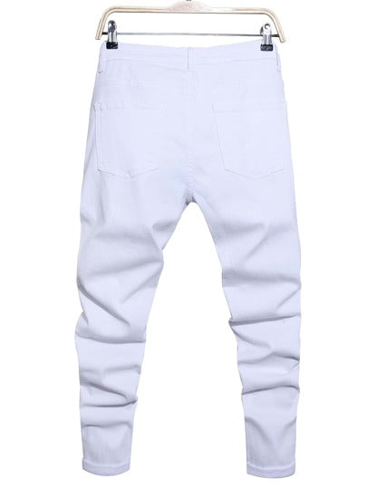 Manfinity Homme بناطيل جينز بيضاء قطنية ممزقة قصيرة وسليمة، جينز أبيض غامق مغسول، مناسبة للزوج والحبيب كهدية