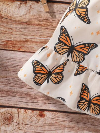 فساتين بيبي فستان طفلة بطبعة الفراشة وتفاصيل بالكشكشة ورباط عنق مع شريط للشعر