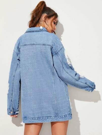 Essnce جاكيت جينز طويل مموق وبحافة خام