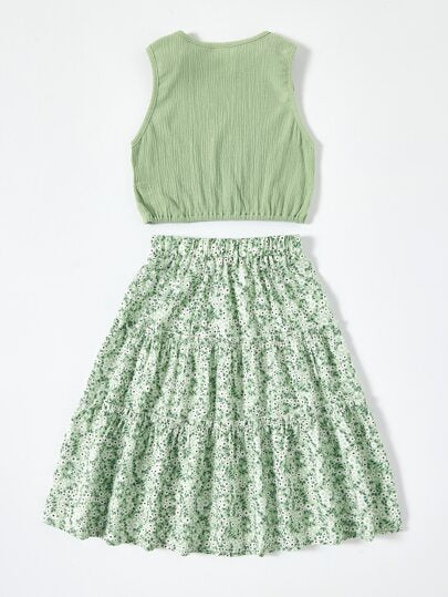 SHEIN قميص مزين بالربطة وتنورة زهرية ديتسي لفتاة مراهقة