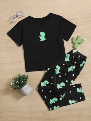 بيجاما بدلة منزلية مطبوع عليها رسوم الديناصورات للفتيات المراهقات