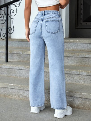 EZwear جينز بقصة سيقان عريضة وخصر عالي للصيف