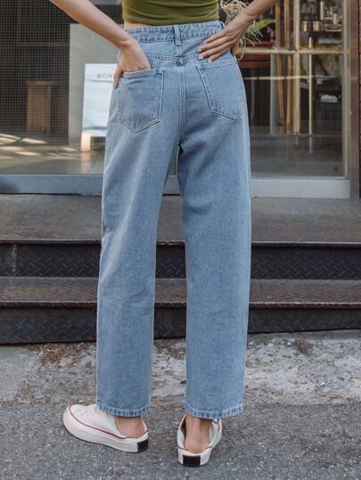 DAZY بنطلون جينز مستقيم الساق مطرز بزهور عالية الخصر