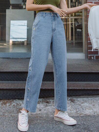 DAZY بنطلون جينز مستقيم الساق مطرز بزهور عالية الخصر