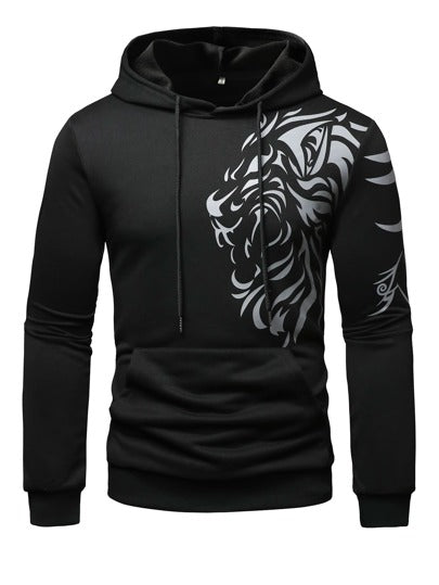 Manfinity LEGND بلوزة بقلنسوة بسحاب وجيب كنجروو بطباعة الأسد للرجال، أكمام طويلة، للخروج، كاجوال، جرافيك