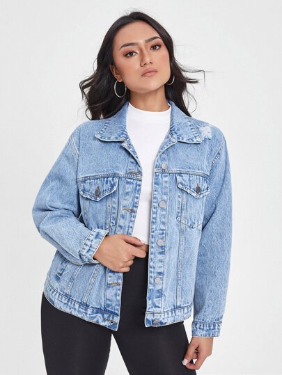 Essnce جاكيت دنيم ممزق بتفاصيل رفرف