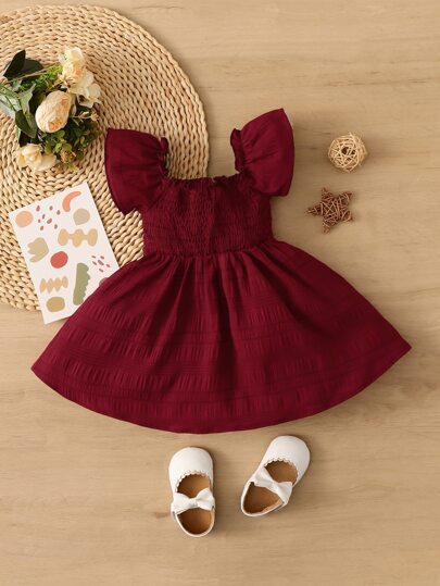 فساتين بيبي فستان قصير بأكمام فراشة لطفلة رضيعة مع شريط مجمّع عند القصّة