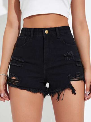 EZwear شورت دنيم خصر عالي ممزق مقلم بخام