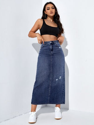 EZwear تنورة دنيم خصر عالي ممزق شق خلفي