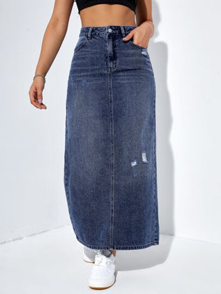 EZwear تنورة دنيم خصر عالي ممزق شق خلفي