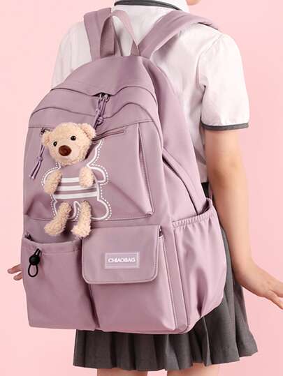 حقيبة ظهر عصرية وظيفية ذات رقع حرفية زخرفية، حقيبة ظهر وظيفية ذات سحاب أمامي مع شارم الحقيبة، حقيبة ظهر مدرسية، حقيبة ظهر كبيرة السعة للمراهقات والنساء الطالبات الجامعيات، للعودة إلى المدرسة، الإعدادية والثانوية، لوازم المدرسة، حقيبة ظهر للمدرسة، عادية كل