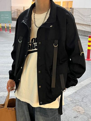 Manfinity EMRG جاكيت رجالية جاكيت رجالية واسعة الحجم مزودة بجيوب مغلقة بأبازيم، بياقة عادية، كم طويل، للخروج والصداقة، جاكيت رقيقة