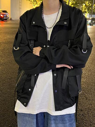 Manfinity EMRG جاكيت رجالية جاكيت رجالية واسعة الحجم مزودة بجيوب مغلقة بأبازيم، بياقة عادية، كم طويل، للخروج والصداقة، جاكيت رقيقة