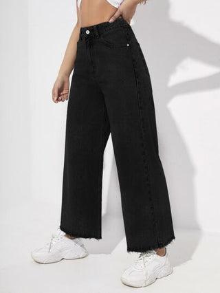 EZwear بنطلون جينز فخذي واسع مع نهاية خام وسحاب، للسيدات، قبعة، جيب، حافة خام ،خصر عالي وساق واسعة وطويلة ، فضفاض، أسود، مناسب للربيع والخريف والاستخدام اليومي