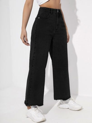 EZwear بنطلون جينز فخذي واسع مع نهاية خام وسحاب، للسيدات، قبعة، جيب، حافة خام ،خصر عالي وساق واسعة وطويلة ، فضفاض، أسود، مناسب للربيع والخريف والاستخدام اليومي