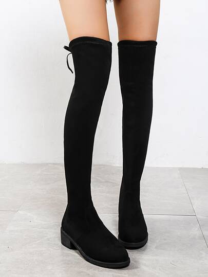 بوت جوارب عالية الركبة ذات كعب سميك ومزينة بفيونكة سوداء، مناسبة للسيدات،تتلائم مع أي ملابس الخريف