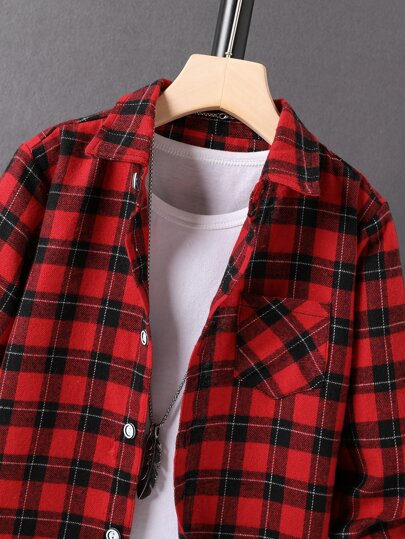 SHEIN قميص مراهق بنمط البطانة المربعة وجيب أمامي