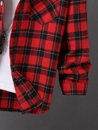 SHEIN قميص مراهق بنمط البطانة المربعة وجيب أمامي