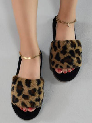 نساء نمط الفهد زغبي شبشب غرفة النوم , الموضة باصابع قدم مفتوح نعال منزل