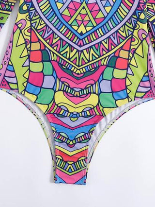 SHEIN Swim ملابس سباحة قطعة واحدة طباعة شامل سحاب خلفي