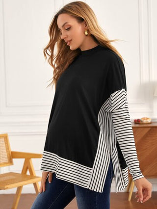 MaterniWear تي شيرت أمومة بياقة مزيفة مخطط ملون بأكمام طويلة