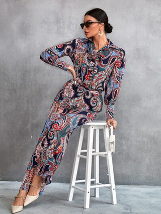 SHEIN Clasi قميص بنقشة البيزلي وبنطلون بساق واسعة ، ملابس رمضان