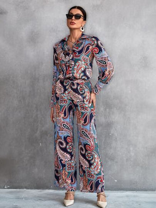 SHEIN Clasi قميص بنقشة البيزلي وبنطلون بساق واسعة ، ملابس رمضان