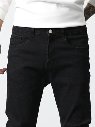 Manfinity Homme جينز سكيني ذو جيوب مائلة من القطن، بتصميم ضيق ساده، جينز طويل أسود داكن مغسول، جينز كاجوال مناسب كهدية للزوج أو الحبيب
