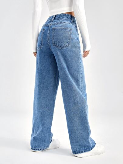 EZwear بنطلون جينز بويفريند جيب مائل خصر عالي