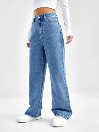 EZwear بنطلون جينز بويفريند جيب مائل خصر عالي