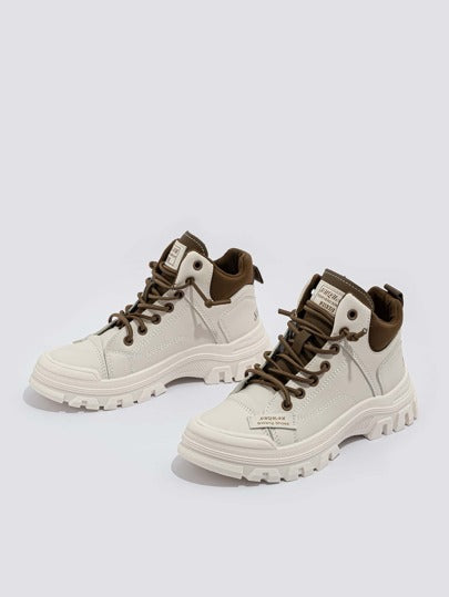 حذاء رياضي مكتنز تفاصيل مرقع رقبة عالي جلد صناعي رباط امامي امرأة