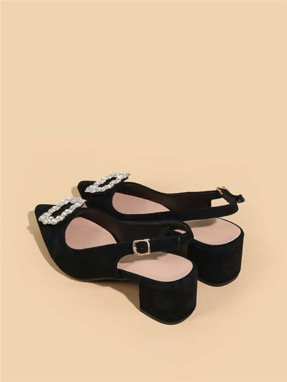 حذء كعب عالي بديكور حجر الراين جلد سويدي الاصطناعي مفتوح الوراء