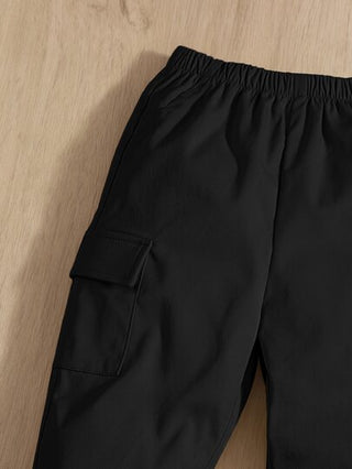 SHEIN بنطلون طويل قابل للارتداء مع جيوب بألوان صلبة لأولاد الأطفال، مناسب للارتداء في فصلي الخريف والشتاء
